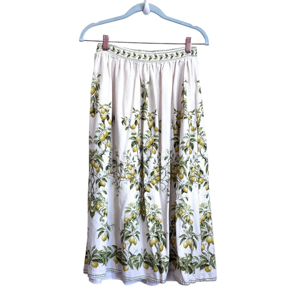 Max Studio Lemon Fruit Linen Midi‎ Skirt XS Euro Summer Coastal Cottage Pockets